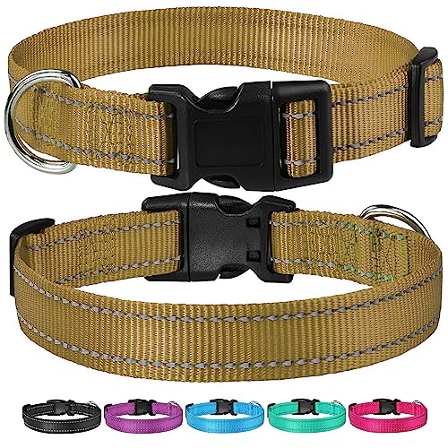 Reflective Dog Collar with Buckle Adjustable Safety Nylon Collars for Small Medium Large Dogs, Brown L - color: Brown, size: Large :Width 1",Neck 14-22"