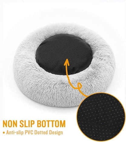Original Calming Donut Dog and Cat Bed in Shag Fur, Dog Beds for Melium Dogs, Anti Anxiety Round Fluffy Plush Faux Fur Pet Bed, Light Grey, 27.6'' x 27.6''