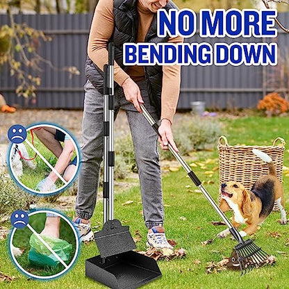 Dog Pooper Scooper for Large Dogs, 3 Pack Adjustable Long Handle Metal Tray, Rake and Spade Poop Scoop with Bin for Pet Waste Removal, No Bending Clean Up for Medium and Large Dogs - size: tray, rake & spade(Large)