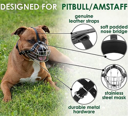 BRONZEDOG Pitbull Dog Muzzle Metal Mask Amstaff Wire Basket Pit Bull Adjustable Leather Straps for Large Dogs (Pink) - color: Leather, Pink Metal