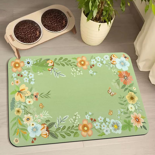 Dog Food Mats for Floors Waterproof, Pet Water Bowl Mats Pet Feeding Absorbent Placemats Flower 12 * 20 inch - color: 03Green, size: 20"L x 12"W