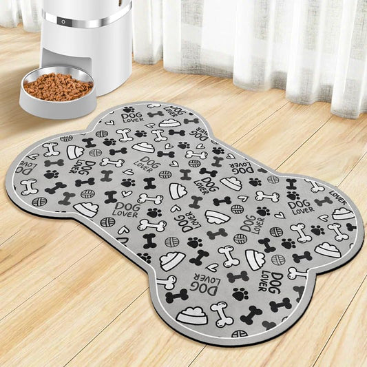 Dog Food Mats for Floors Waterproof, Pet Feeding Absorbent Water Bowl Mat Cat Placemats Gray Bone Shape 19 * 12 inch - color: Grey Bone02, size: S(19"×12")