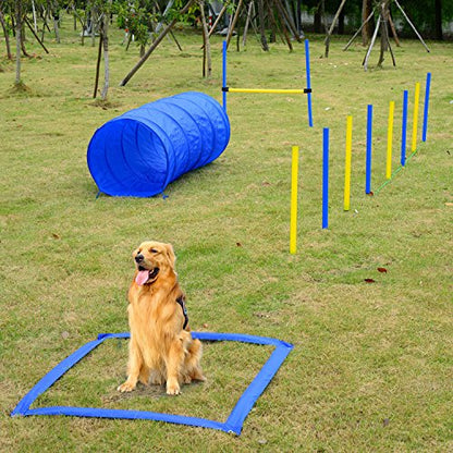 Professional Dog Agility Training Set with Adjustable High Jump, Weave Poles, Pause Box, and Open Tunnel for Outdoor Practice