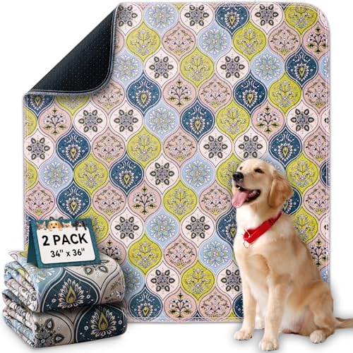 Washable Pee Pads for Dogs, Stylish Absorbent Reusable Training Dog Pads, Non-Slip and Leak-Proof Puppy Pads, Potty Pads for Crates, Whelping, Playpen, Bed and Floors, Cream/Multi 2 Pack 34" x36" - color: Cream/Multi, size: 34" x 36" 2PACK