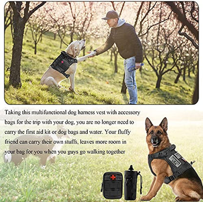 Tactical Dog Harness Vest with Pouches Training Outdoor Military K9 Harness Tactical Vest Detachable Medicine & Water Bags, 3 Patches - color: Black, size: Large (Pack of 1)