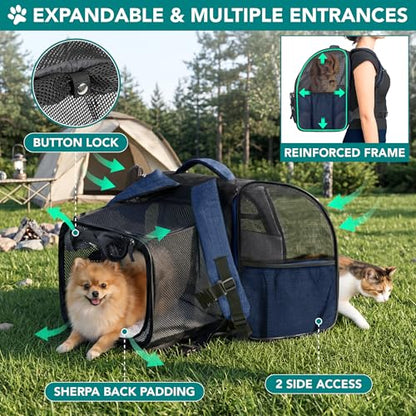 PetAmi Expandable Dog Backpack Carrier for Cats & Pets, Breathable Cat Carrier Backpack with Top Window & Multi-Entry, Ventilated Foldable Travel Carrier for Small Medium Pets up to 18 lbs, Navy - color: Navy