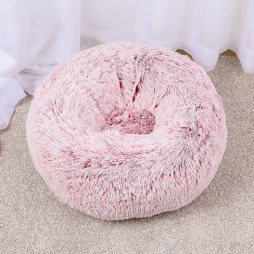 Calming Dog Bed for Small Dogs, Calming Donut Cuddler Pet Bed Anti Anxiety Round Dog Bed Fluffy Plush Faux Fur Cat Bed,Pink,15.7IN - color: Pink, size: 15.7IN