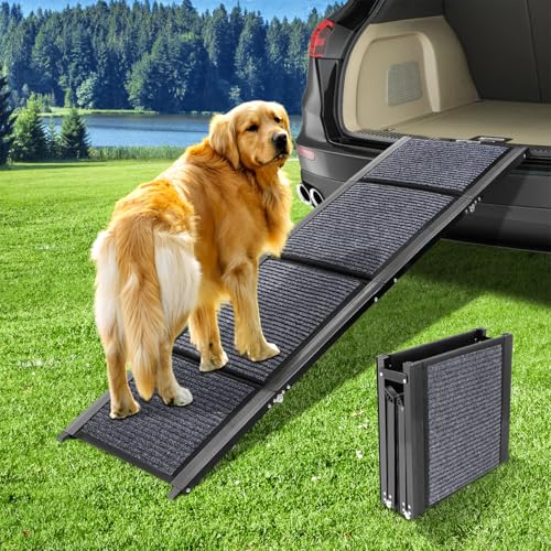 GaliGali Dog Ramp for Car Portable Folding Pet Stair 62" Long & 17.3" Wide | Ramp with Non-Slip Carpet, Wider Dog Stair Allow Medium to Large Dogs Up to 250 lbs to Enter Car, SUV and Truck - size: Foldable 160*44