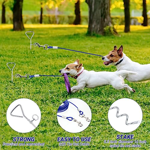 Amylove 2 Set Dog Tie Out Cable and Stake 32ft Leash Chain 16" Spiral Stake Heavy Duty Leash and Stakes for Outside Yard Camping Beach for Medium to Large Dogs up to 125 Lbs(Blue) - color: Blue