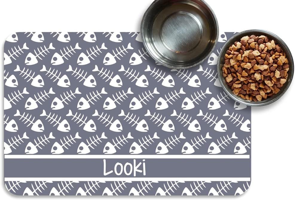 Personalized Dog Cat Food Mat PU Non-Slip at The Bottom Dog Bowl Mat Dog Mat for Food and Water Custom Pet Dog Food Mats for Floors Waterproof (Fish Bone) - color: fish bone