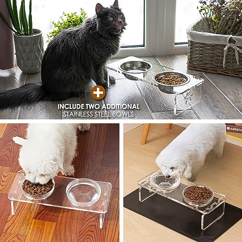 Elevated Dog & Cat Bowls – 3.75” Acrylic Raised Pet Feeder Stand with 2 Stainless Steel & 2 Glass Bowls – Food & Water Dish Set for Puppy/Small Dogs & Cats - size: Small Dogs & Cats-3.75" Height