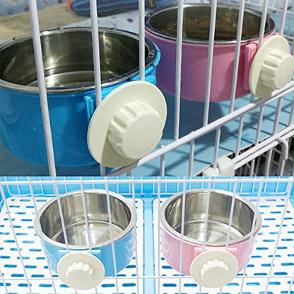 Crate Dog Bowl Removable Stainless Steel Water Food Feeder Bowls Cage Coop Cup for Cat Puppy Bird Pets (Large, Pink) - color: Pink, size: Large