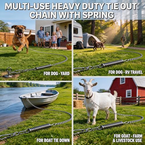 Heavy Duty Dog Tie Out Chain with Spring for Yard, 304 Stainless Steel 4MM Chew Proof Metal Leash for Large Dogs, 200lbs Shock Absorbing Dog Runner Cable (1 Spring+Chain/25ft) - size: 1 Spring+Chain/25ft/4MM/200lbs