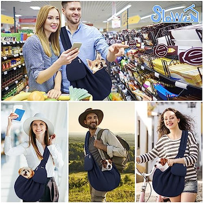 SlowTon Dog Carrier Sling - Thick Padded Shoulder Strap Adjustable Dog Carriers for Small Dogs, Puppy Carrier Purse for Pet Cat with Front Zipper Pocket Safety Belt Machine Washable (DBL, M) - color: F-Navy Knitted Fabric