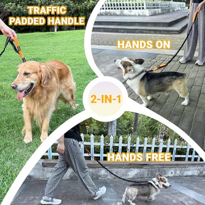 Hands-Free Bungee Dog Leash for Running Walking Small Medium Dogs | 4-6ft length, 28-47in adjustable waist belt, 2 reinforced handles, shock absorbing, reflective anti-pull, black handles - color: Black
