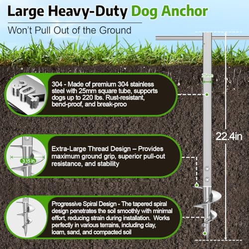 Dog Tie Out Stake for Large Dogs Supports Up to 220 lbs, Heavy-Duty 304 Stainless Steel Dog Anchor with 32FT Tangle-Free Cable for Yard, Camping, Outdoor | No Pull-Out, No Tools Needed