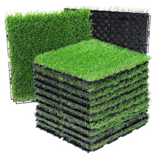 Self Draining Artificial Grass Interlocking Tiles Fake Turf Squares for Patio Balcony Outdoor Flooring Dog Potty Mat Indoor Deck Garden Green 6pcs - size: 6pcs