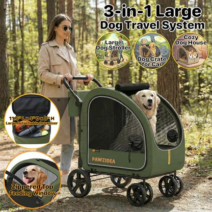 PAWZIDEA 3-in-1 Dog Stroller for Large Dogs with Detachable Carrier, 45% Extra Tall Dog Car Crate up to 100lb Sit Upright, Foldable Pet Stroller for 2 Medium Dogs All-Terrain Jogger, Adjustable Handle - color: Forest Green