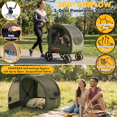 PAWZIDEA 3-in-1 Dog Stroller for Large Dogs with Detachable Carrier, 45% Extra Tall Dog Car Crate up to 100lb Sit Upright, Foldable Pet Stroller for 2 Medium Dogs All-Terrain Jogger, Adjustable Handle - color: Forest Green