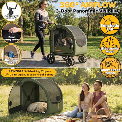 PAWZIDEA 3-in-1 Dog Stroller for Large Dogs with Detachable Carrier, 45% Extra Tall Dog Car Crate up to 100lb Sit Upright, Foldable Pet Stroller for 2 Medium Dogs All-Terrain Jogger, Adjustable Handle - color: Forest Green