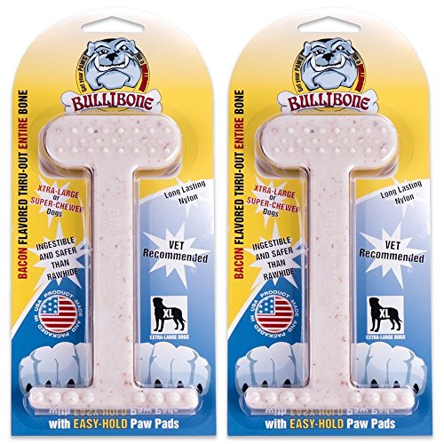 Bullibone Nylon Dog Chew Toy for Aggressive Chewers - Dental Hygiene Bone with Bacon Flavor, Durable Tough Chew Toys for Extra Large Dogs, Indestructible Dog Bone - 2 Pack