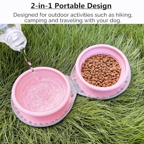 Collapsible Dog Bowls, Portable Dog Bowl, Travel Water Bowl for Dogs Camping Essentials, 2-in-1 Water Food Feeder Double Bowl for Traveling Camping Walking Hiking (Pink) - color: Pink