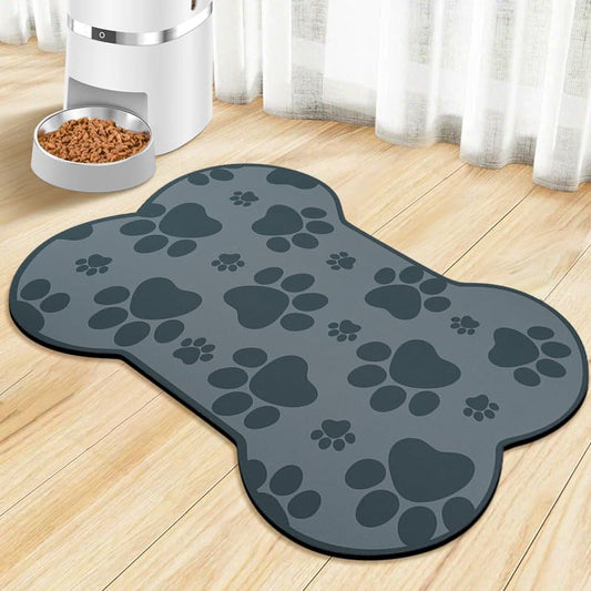 Dog Food Mats for Floors Waterproof, Pet Feeding Absorbent Water Bowl Mat Cat Placemats Gray Bone Shape 19 * 12 inch - color: Grey Bone01, size: S(19"×12")