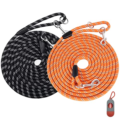 (2 Pack) Long Dog Leash for Dog Training 15FT/30FT/50FT, Dog Rope Check Cord with Reflective Thread for Large Medium Small Dogs, Dog Tie-Out Cable Lead for Hunting, Camping&Backyard - color: 2Pack Black&Orange, size: 16FT* 1/2 inch