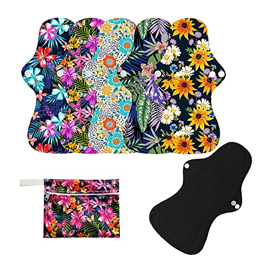 6pcs Resuable Incontinence Pads Resuable Waterproof Resuable Menstrual Pad Sets Including 5Pcs Heavy Flow Menstrual Pads Mama Cloth Sanitary Napkins + 1Pc Mini Wet Bag - color: 6 Pieces Set 3, size: Heavy Flow Bamboo Charcoal