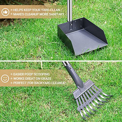 Heeyoo Dog Pooper Scooper, Dog Poop Tray and Rake Set, Pet Waste Removal Scoop with Long Adjustable Sectional Stainless Handles - color: Silver/Black