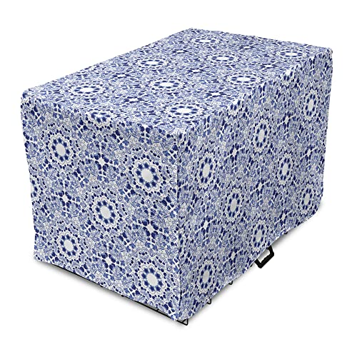 Lunarable Traditional Dog Crate Cover, Circular Flowers and Stripes Ethnic Gzhel Pattern Classic Motifs Art, Easy to Use Pet Kennel Cover for Medium Large Dogs, 36 Inch, Pale Blue - color: Pale Blue, size: 36 Inch