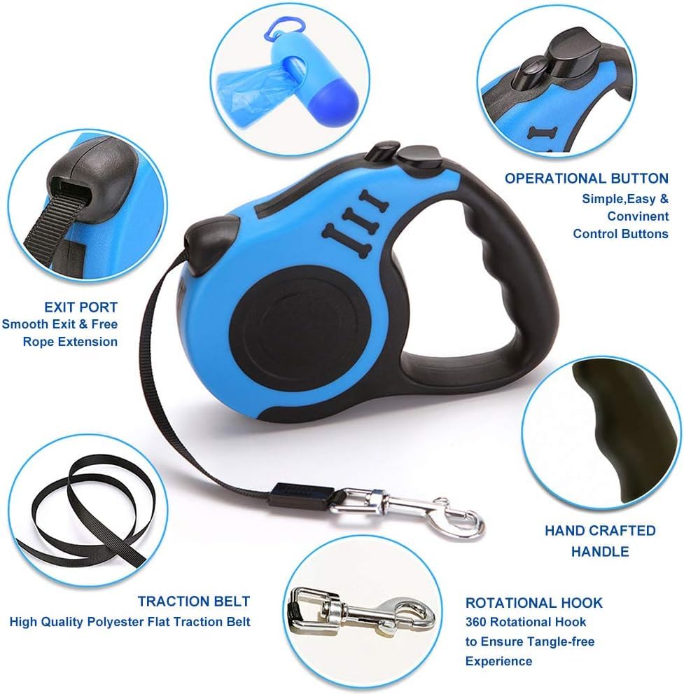 4-in-1 Retractable Dog Leash Set Includes Waste Bag Dispenser, Refill Bags & Collapsible Water Bowl Heavy Duty Nylon Leash with One-Hand Lock, Anti-Slip Grip for Small to Medium Pets (Blue) - color: Blue
