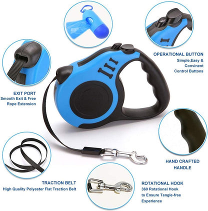 4-in-1 Retractable Dog Leash Set Includes Waste Bag Dispenser, Refill Bags & Collapsible Water Bowl Heavy Duty Nylon Leash with One-Hand Lock, Anti-Slip Grip for Small to Medium Pets (Blue) - color: Blue