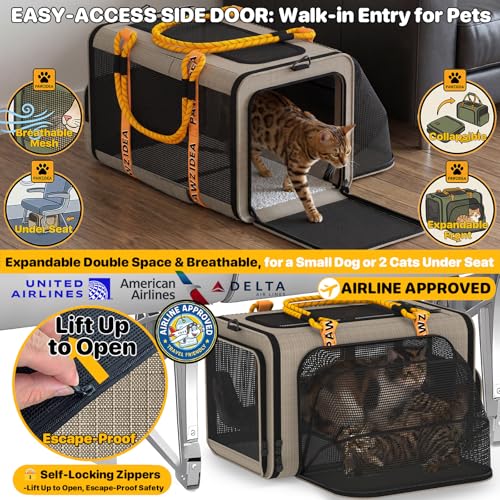 PAWZIDEA Expandable Pet Carrier Airline Approved, 18"×11"×11" Small Dog Carriers, Collapsible Top-Load Cat Carrier for 2 Cats Under Seat, Soft-Sided Puppy & Animal Travel Bag, ID Card, Up to 15lbs - color: Khaki Plaid, size: 18.0"L x 11.0"W x 11.0"H
