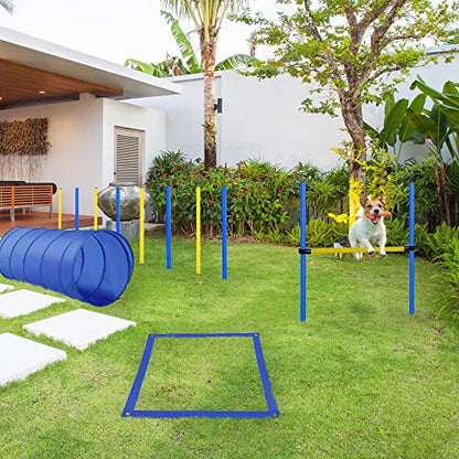 Professional Dog Agility Training Set with Adjustable High Jump, Weave Poles, Pause Box, and Open Tunnel for Outdoor Practice