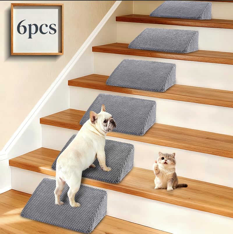 Dog Ramp for Stairs, Non-Slip Stair Wedges with Gentle Slope, Pet Ramp with Washable Cover and Self-Sticky Pads for Safe Climbing, Gray, 6 Pack - size: Dark Gray 6-Pack