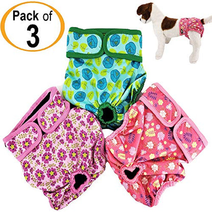 Pack of 3 Female Dog Diapers with 4 - Layers of Absorbent Pads Cat Panties Waterproof Leak Proof Washable (XS: Waist 8" - 12", Flowers Pattern) - color: Pack of 3 Flowers Pattern, size: XS: Waist 8" - 12"