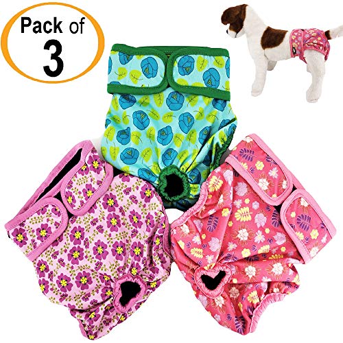 Pack of 3 Female Dog Diapers with 4 - Layers of Absorbent Pads Cat Panties Waterproof Leak Proof Washable (L: Waist 20" - 26", Flowers Pattern) - color: Pack of 3 Flowers Pattern, size: L: Waist 20" - 26"