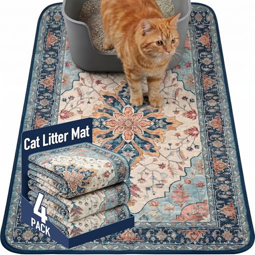 Hompet Cat Litter Mat 4 Pack, 18x28 Machine Washable Trapping Mats for Cats, Super Absorbent & Urine-Proof Cat Litter Box Mat for Floor, Waterproof & Non Slip Kitty Litter Rug - color: Husk Birch Sunflower, size: 18x28 Inch (Pack of 4)