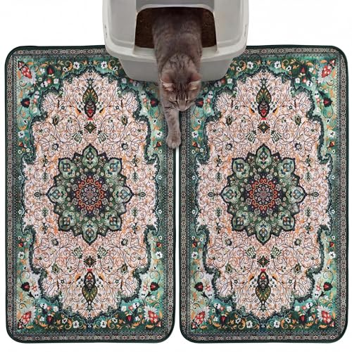 Hompet Cat Litter Mat 2 Pack, 19x30 Machine Washable Trapping Mats for Cats, Super Absorbent & Urine-Proof Cat Litter Box Mat for Floor, Waterproof & Non Slip Kitty Litter Rug - color: Green Mandala, size: 19x30 Inch (Pack of 2)