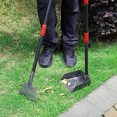 Heeyoo Dog Pooper Scooper, Dog Poop Tray and Rake Set, Pet Waste Removal Scoop with Long Adjustable Sectional Stainless Handles - color: Black/Red