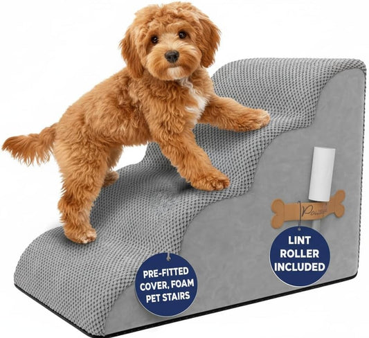 PAWZY Dog Stairs for Bed & Couch, 4-Step Foam Pet Steps 20” High for Small Dogs & Cats up to 60 lbs, Wide Non-Slip Stairs, Waterproof Washable Zipper Cover, No Assembly, Grey - size: 4 Step