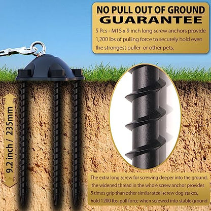 PAWSTATION 360 Degree Swivel Dog Tie Out Stake and Cable Small to Large Dogs Up to 150lbs - 20 ft Dog Yard Leash and Stake 5 Strong Tether Holds 1000lbs of Pull Force Yard Camping Outdoor Black PK-20