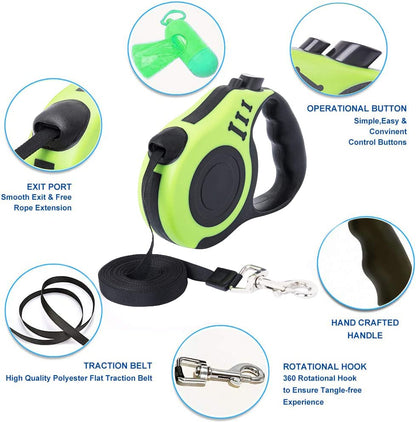 Retractable Green Dog Leash for Medium & Small Dogs & Cats - 16.5FT Tangle Free, Heavy Duty Walking Leash with Anti Slip Handle, Pause & Lock Strong Nylon Tape - color: Green