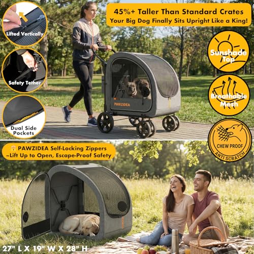 PAWZIDEA 3-in-1 Large Dog Stroller with Detachable Carrier up to 80lbs, Portable Dog Car Crate & Travel Kennel, Foldable Pet Stroller for 2 Medium Dogs, All-Terrain 9” Jogger Wheels, Adjustable Handle - color: Mid-Hemp Grey
