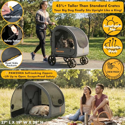 PAWZIDEA 3-in-1 Large Dog Stroller with Detachable Carrier up to 80lbs, Portable Dog Car Crate & Travel Kennel, Foldable Pet Stroller for 2 Medium Dogs, All-Terrain 9” Jogger Wheels, Adjustable Handle - color: Mid-Hemp Grey