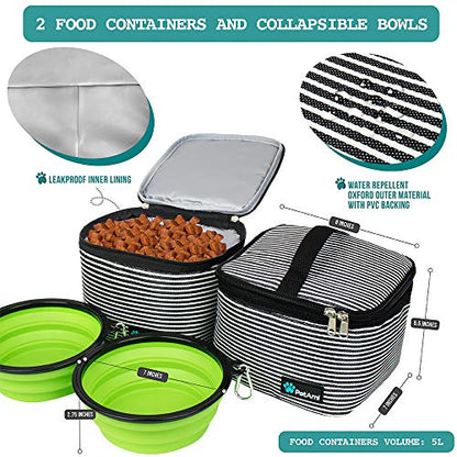 PetAmi Dog Travel Bag Organizer, Pet Travel Kit with 2 Food Containers & 2 Collapsible Dog Bowls, Pet Supplies Tote with Luggage Sleeve, Weekend Road Trip Camping Essentials, Stripe Black, Large - color: Stripe Black, size: Large - 15.5"L x 9.5"W x 14.0"H