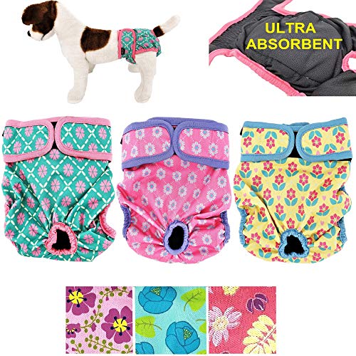 Pack of 3 Female Dog Diapers with 4 - Layers of Absorbent Pads Cat Panties Waterproof Leak Proof Washable (M: Waist 16" - 20", Neon Pattern) - color: Pack of 3 Neon Pattern, size: M: Waist 16" - 20"