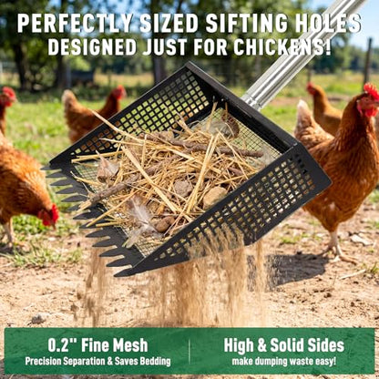 TOOGE Large Chicken Poop Scooper: 2-in-1 Metal Pooper Scooper & Rake Adjustable 62" Long Handle Stainless Steel Sand Sifting Litter Shovel Chicken Coop Scoop Cleaning for Bedding Goats Bright Black - color: Bright Black