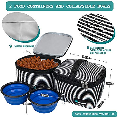 PetAmi Dog Travel Bag Organizer, Pet Travel Kit with 2 Food Containers & 2 Collapsible Dog Bowls, Pet Supplies Tote with Luggage Sleeve, Weekend Road Trip Camping Essentials, Stripe Black, Medium - color: Stripe Black, size: Medium - 14.5"L x 8"W x 12.0"H